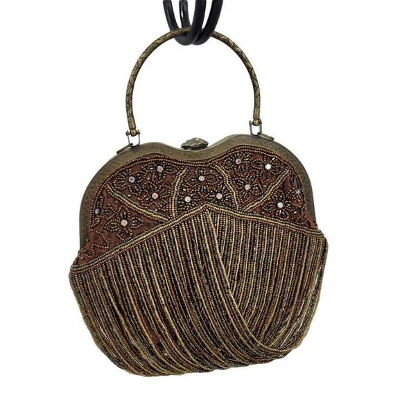 Vtg Baguette Formal Beaded Fringe Framed Kiss Closure Top‎ Handle Bronze - Picture 11 of 11